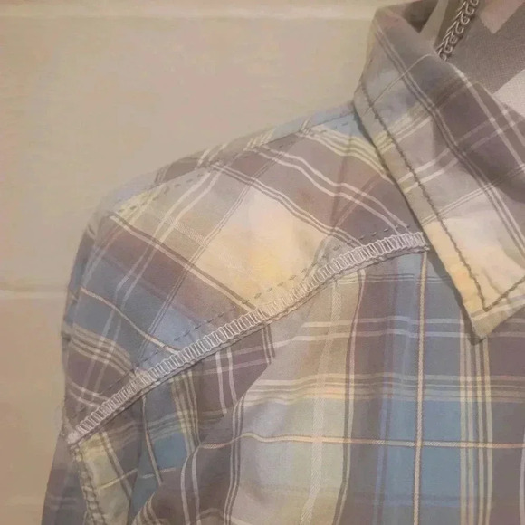 BKE Athletic Fit Button Up Western Shirt Men  XL Blue/Gray/Yellow Long Sleeve. - Picture 7 of 13